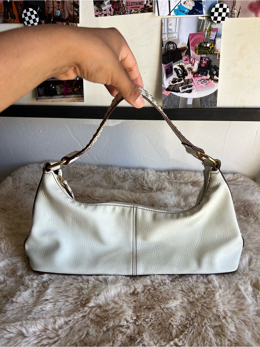 White Shoulder Hobo Bag with Studded Gold Handle
